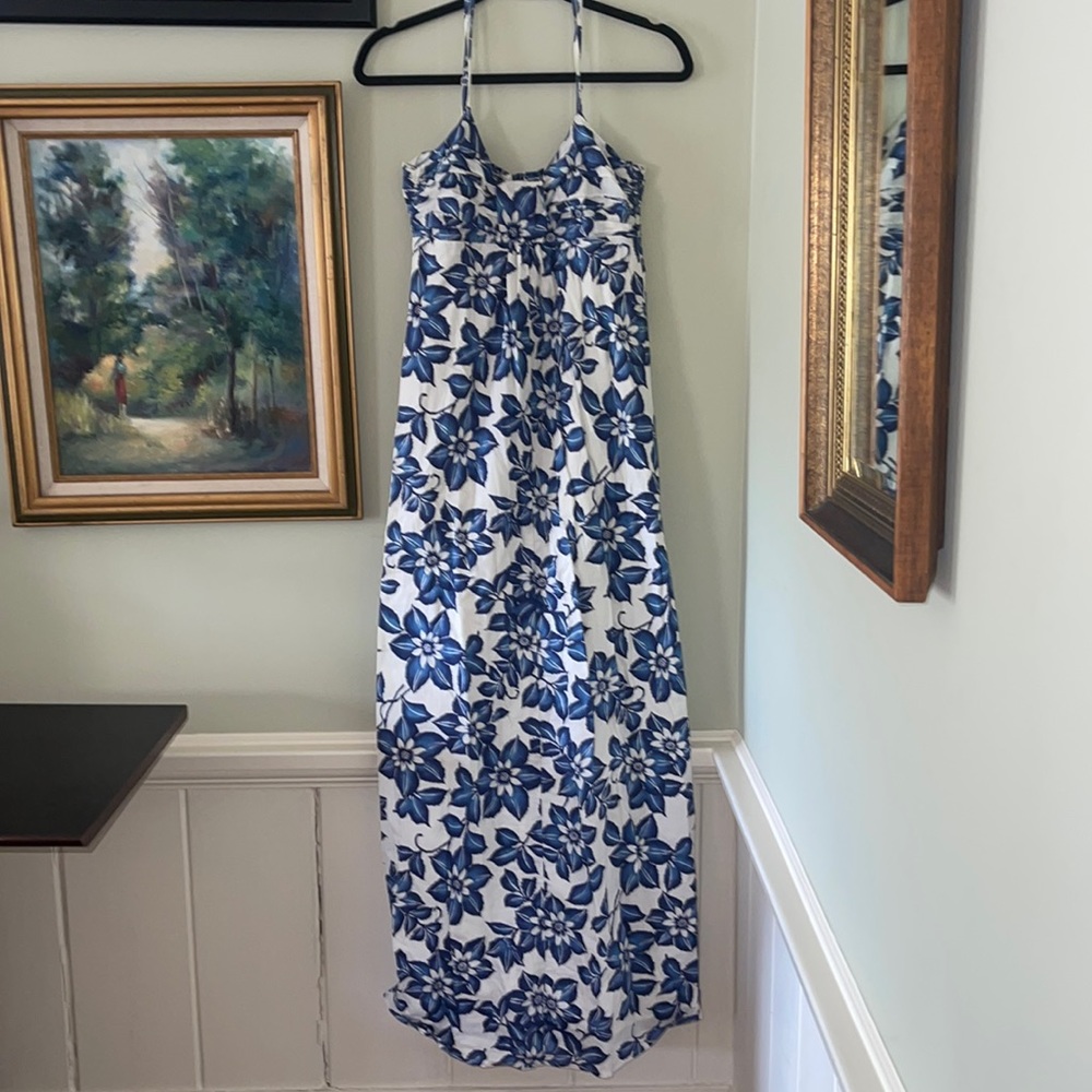 Moda International Hibiscus Maxi dress size Small S resortwear blue & white
